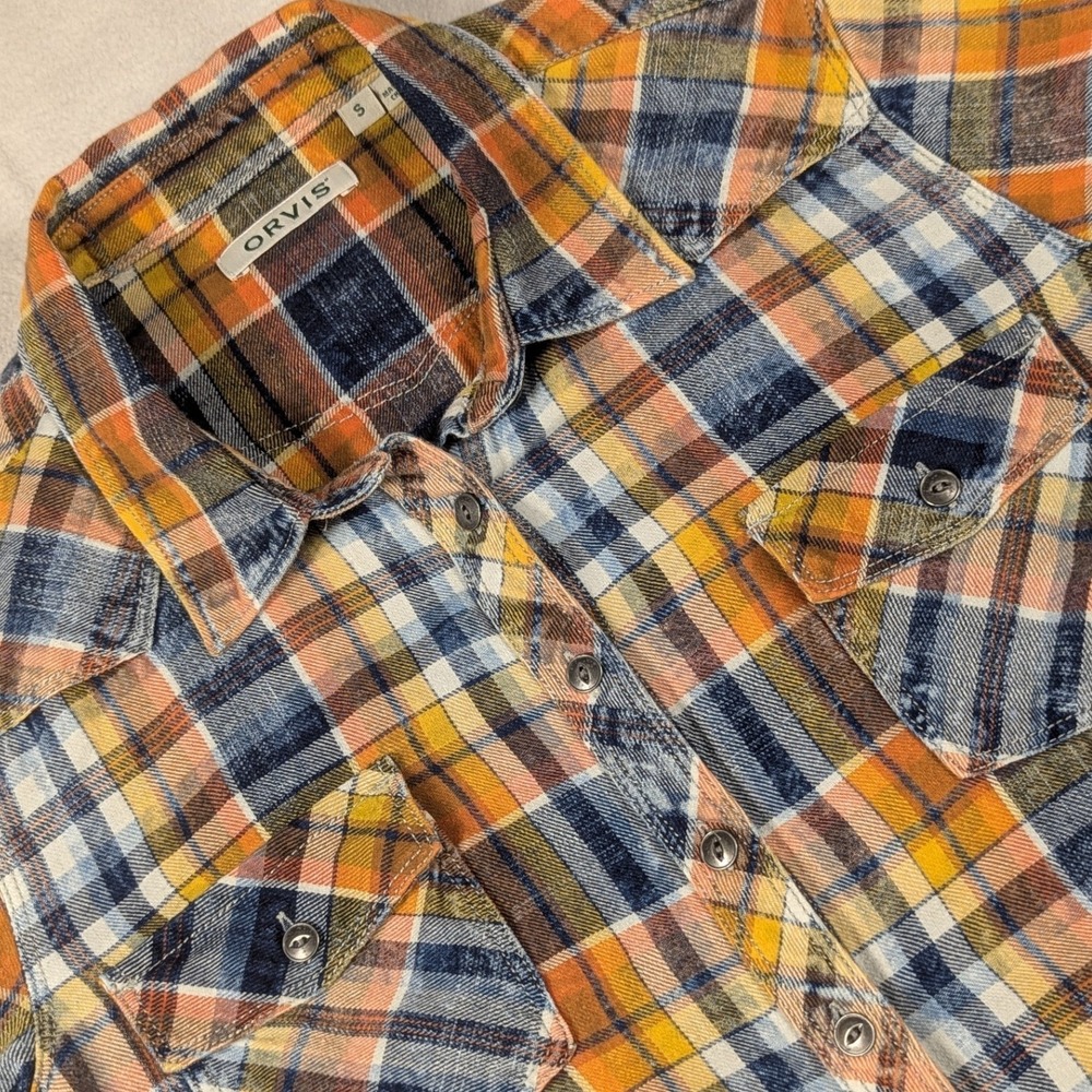 Orvis Womens Orange Blue Plaid Flannel Shirt Cotton Western Roll Tab Small